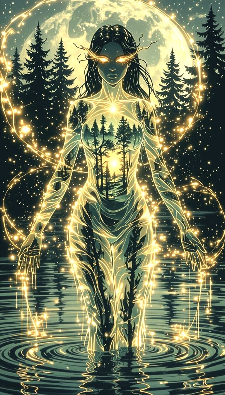Female Water Elemental in Moonlit Forest Lake