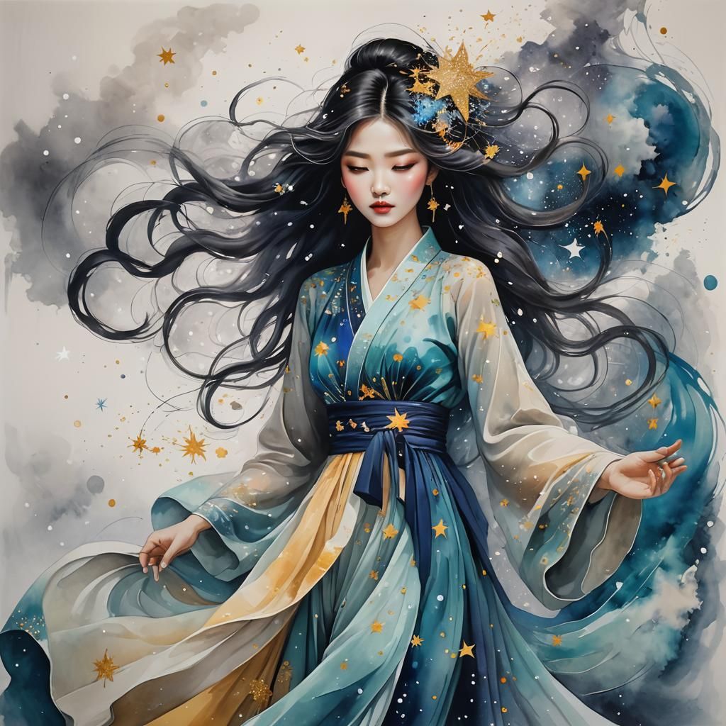 Cosmic Korean Girl in Starry Gown: Abstract Art