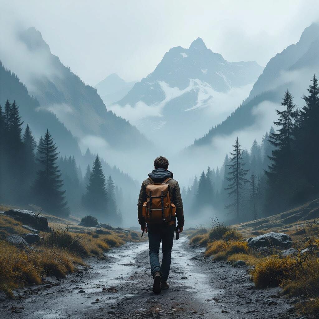 Traveler on a Mountain Path in Digital Art Style