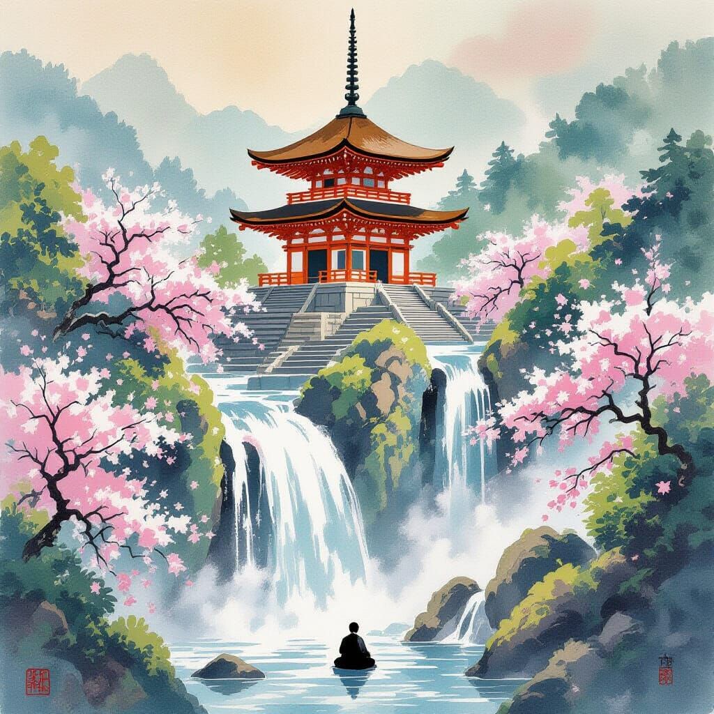 Japanese Temple Waterfall Scene in Traditional Style