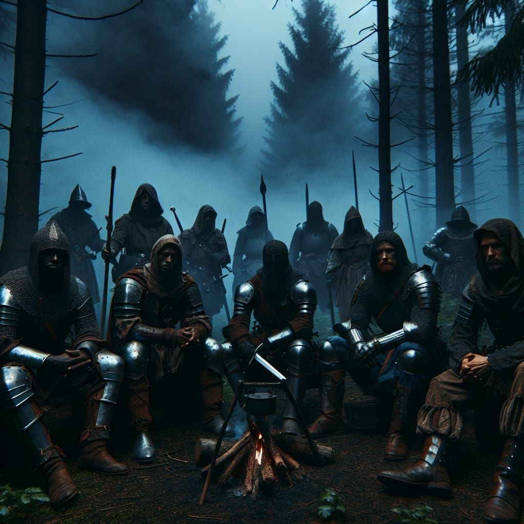 Knights' Campfire Vigil in Dark, Foggy Forest