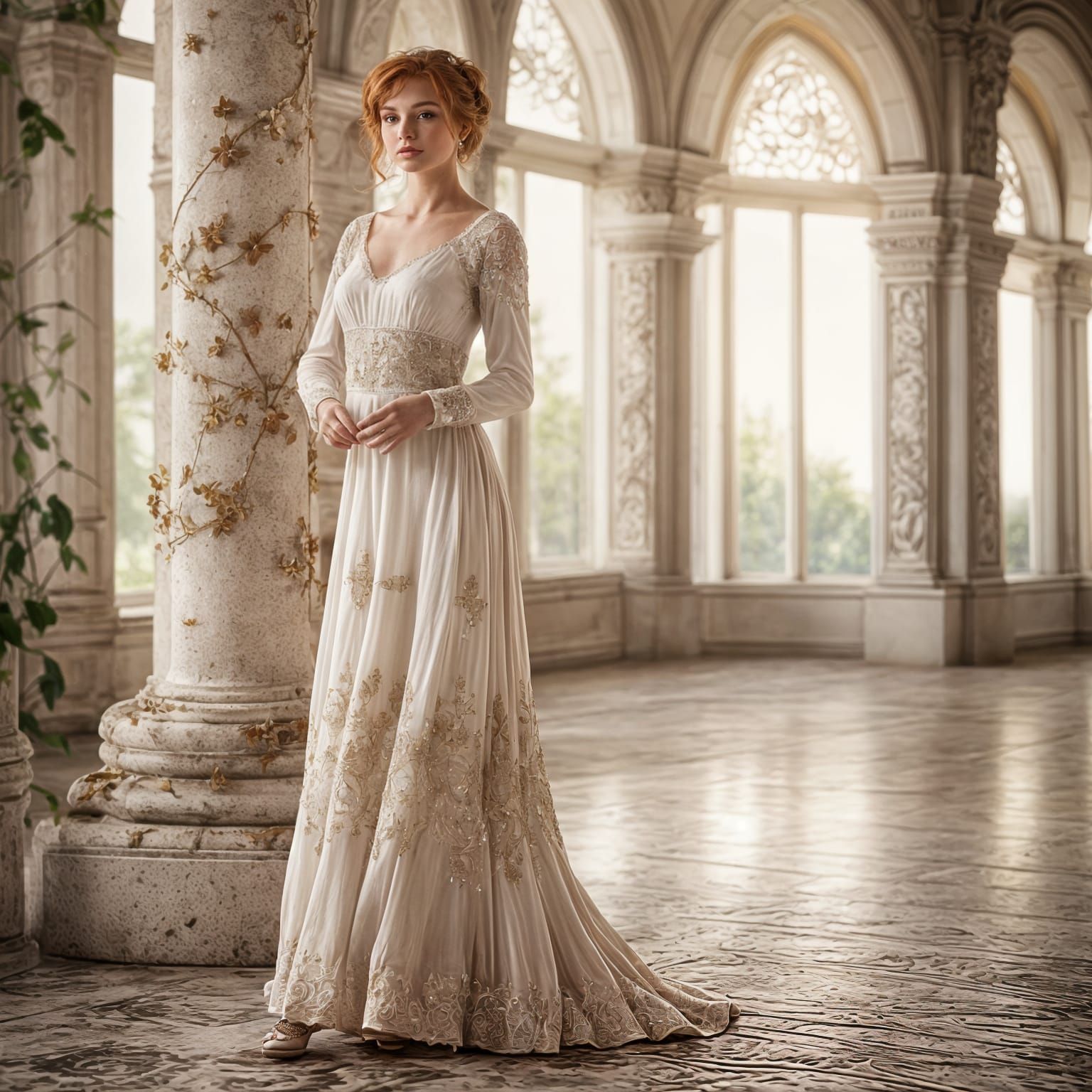 Beautiful Girl in Embroidered Gown, Ballroom Portrait