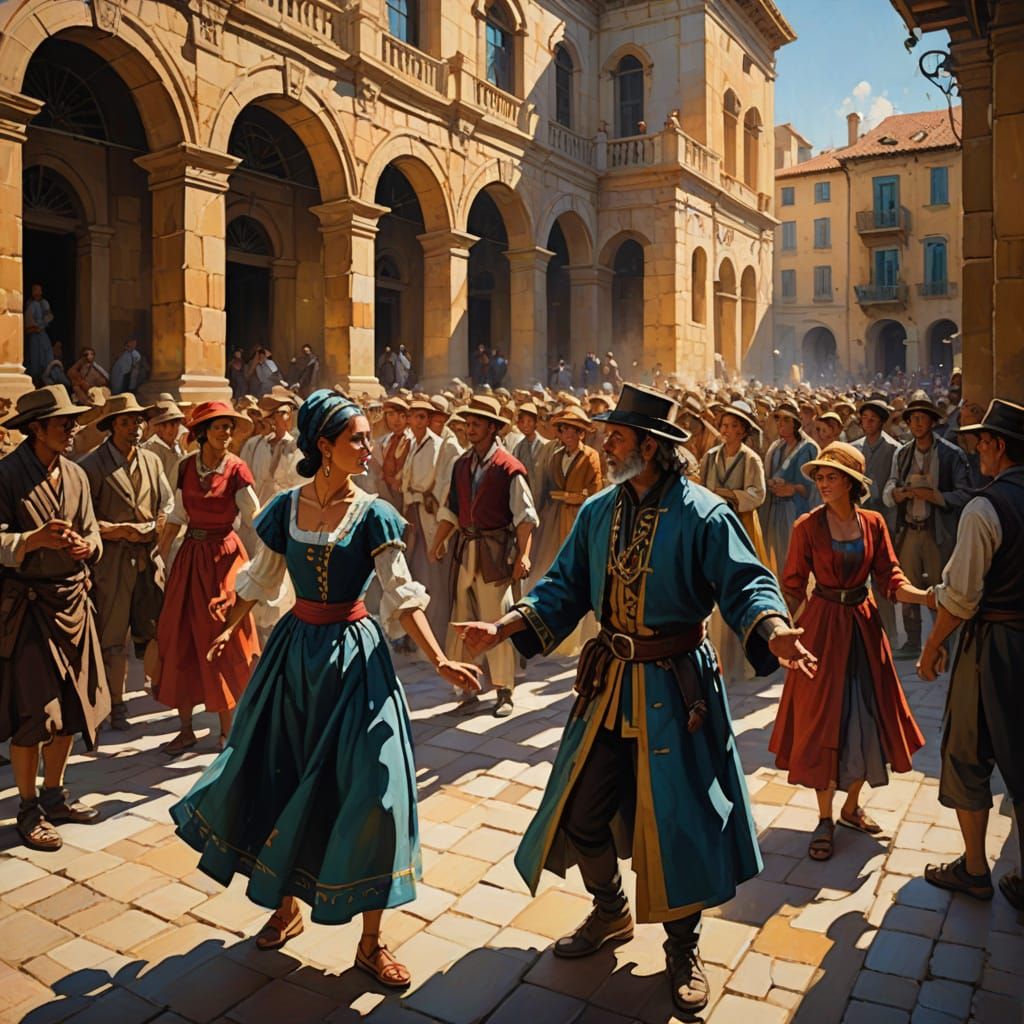Vibrant Oil Painting of Street Theatre in Ancient City Squar...