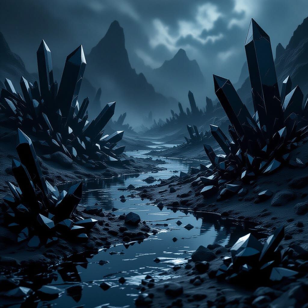 Dark Fantasy Obsidian Bog with Crystal Shards