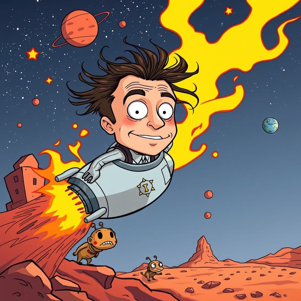 Cartoon Elon Musk Soaring Through Space