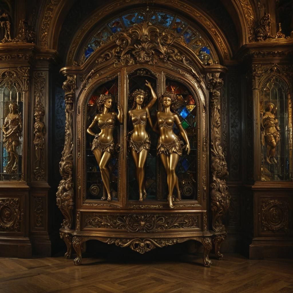 Gilded Baroque Bar Cabinet with Carved Figures