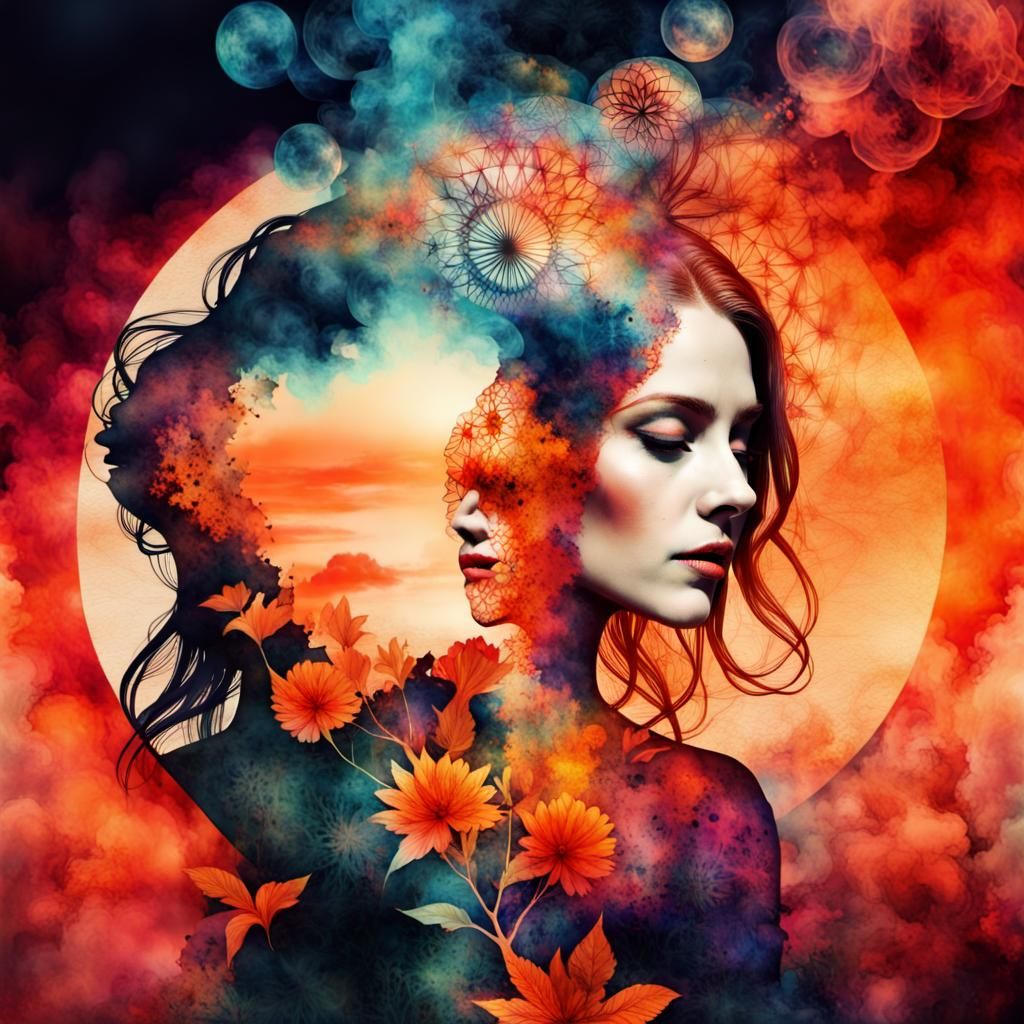 Flaming Woman Portrait in Macabre Botanical Garden