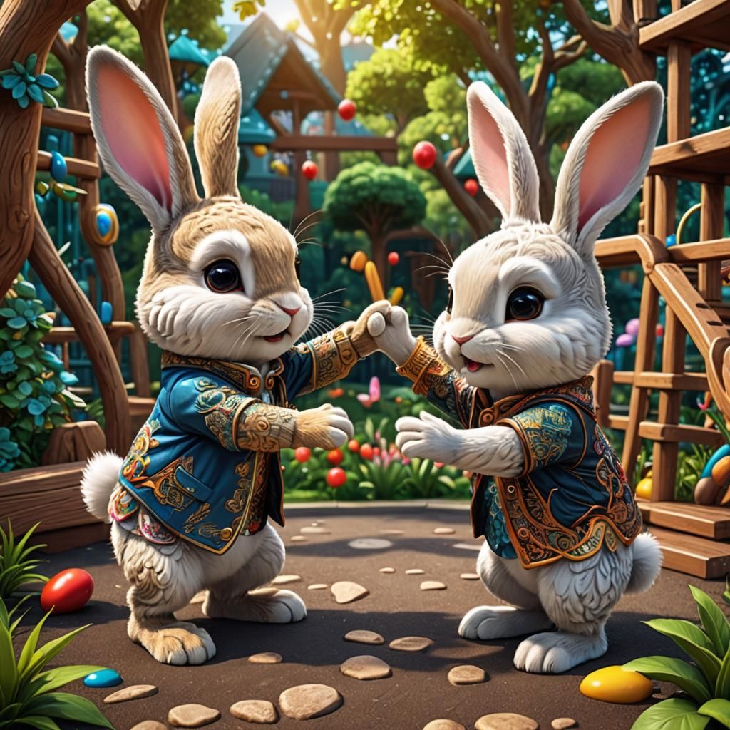 Chibi Rabbits High Five in Playground: 3D Art