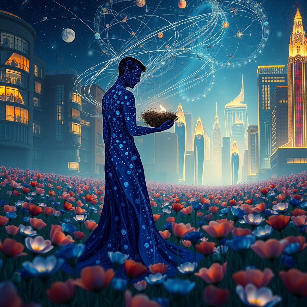 Blue Figure Among Poppies with Swirling Energy, in Art Nouve...