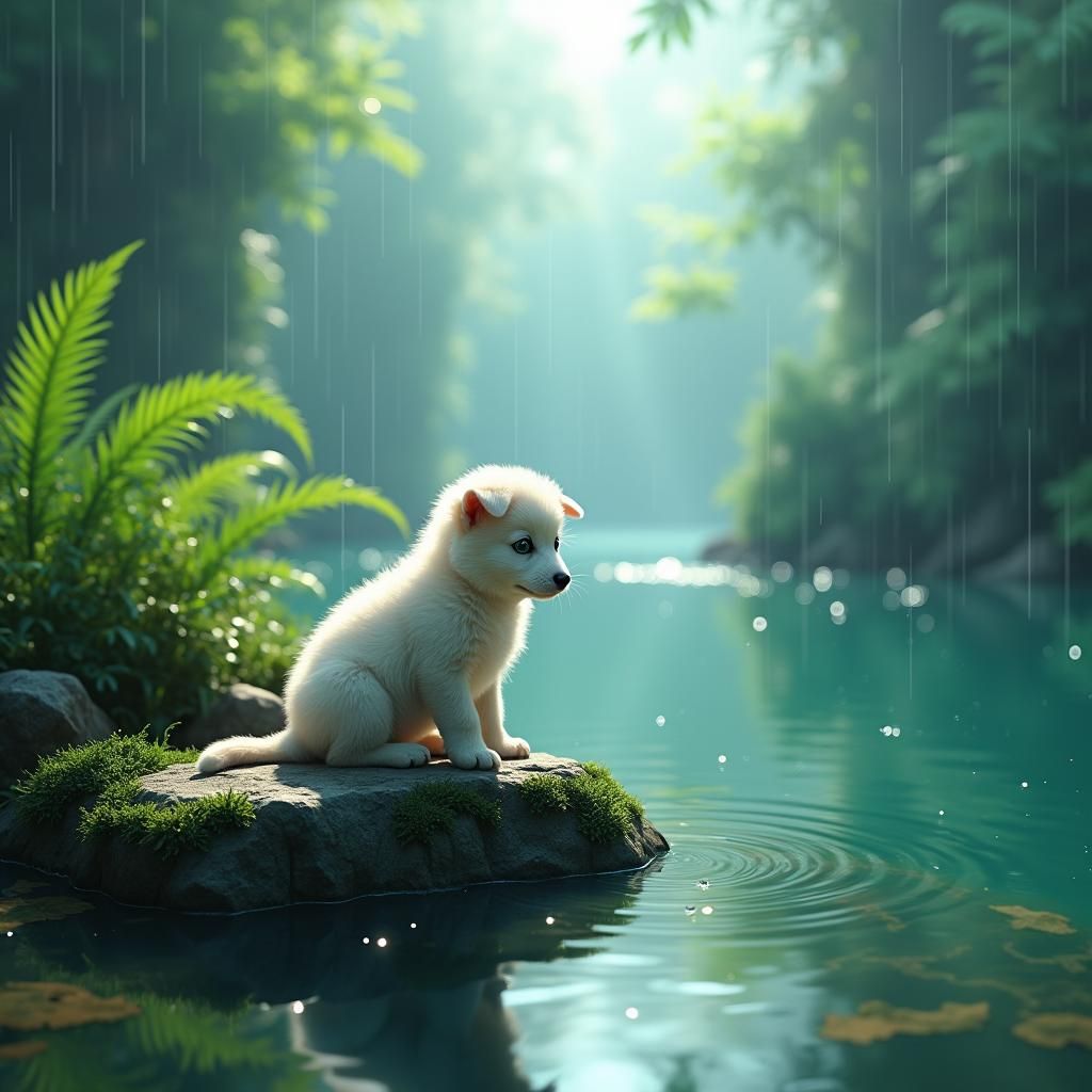 White Puppy on Mossy Stone in Jungle Lake