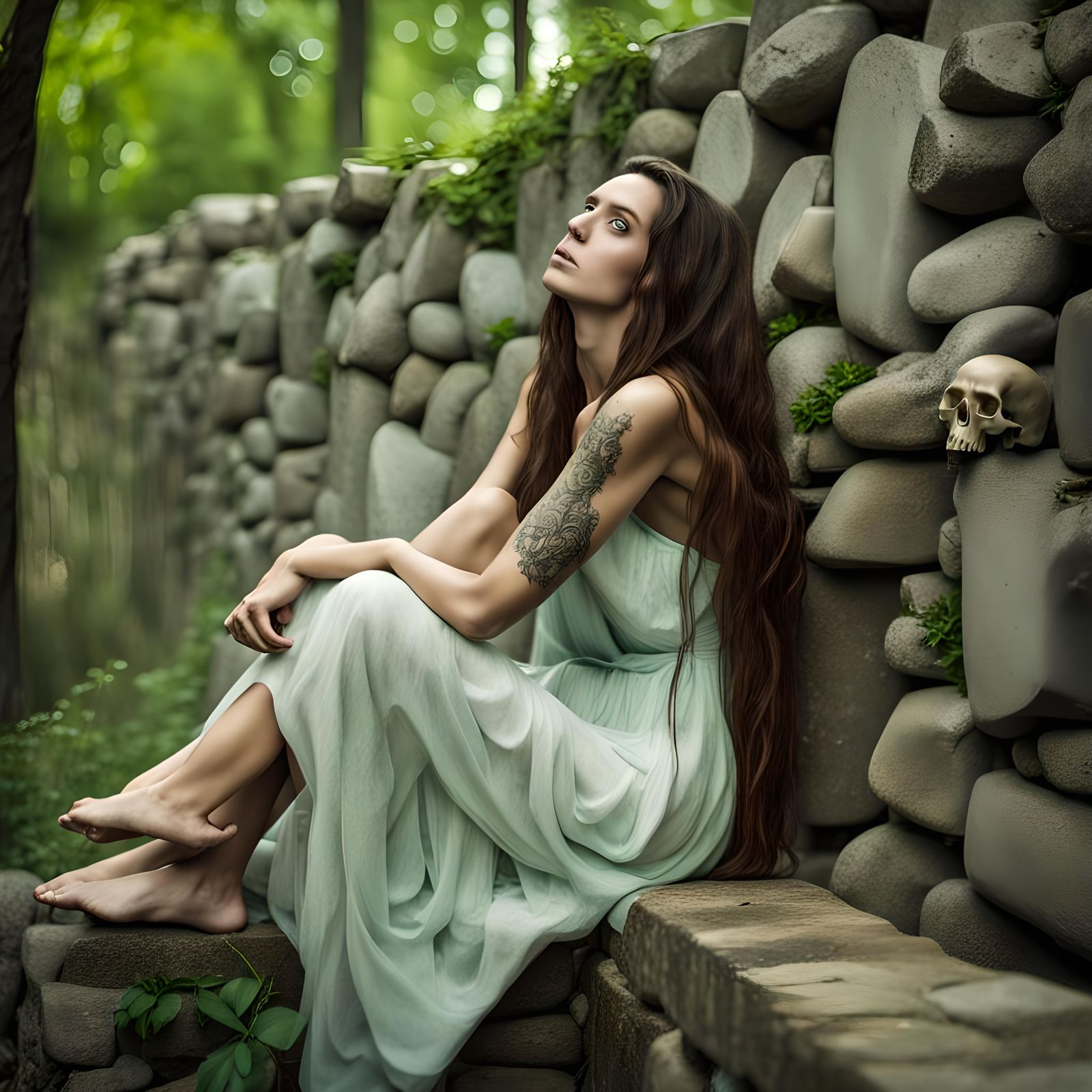 Woman with Skull Tattoo in Natural Setting