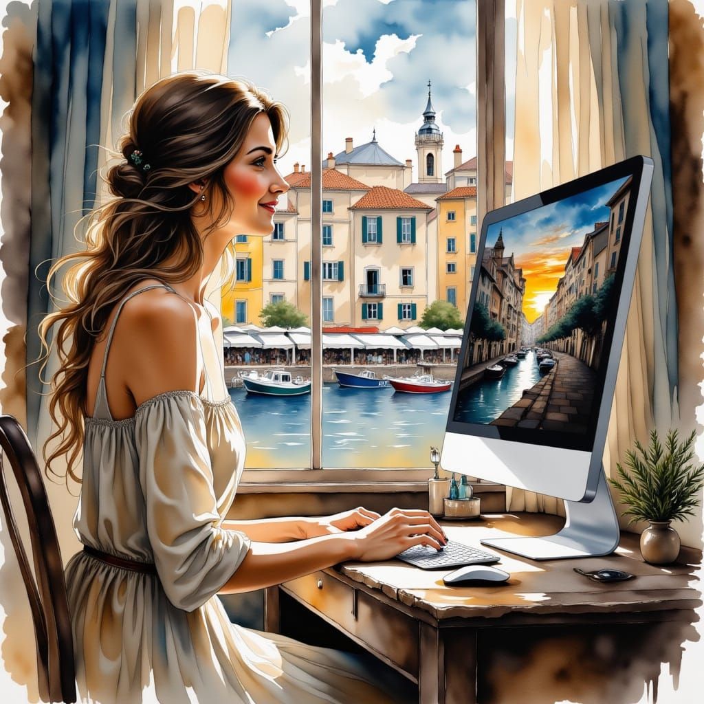 Woman Creating Digital Art in Watercolor Style