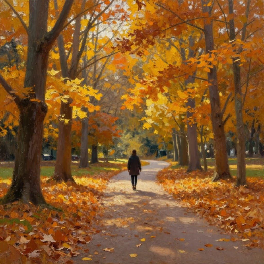 Autumn Park Path in Impressionistic Oil Painting Style