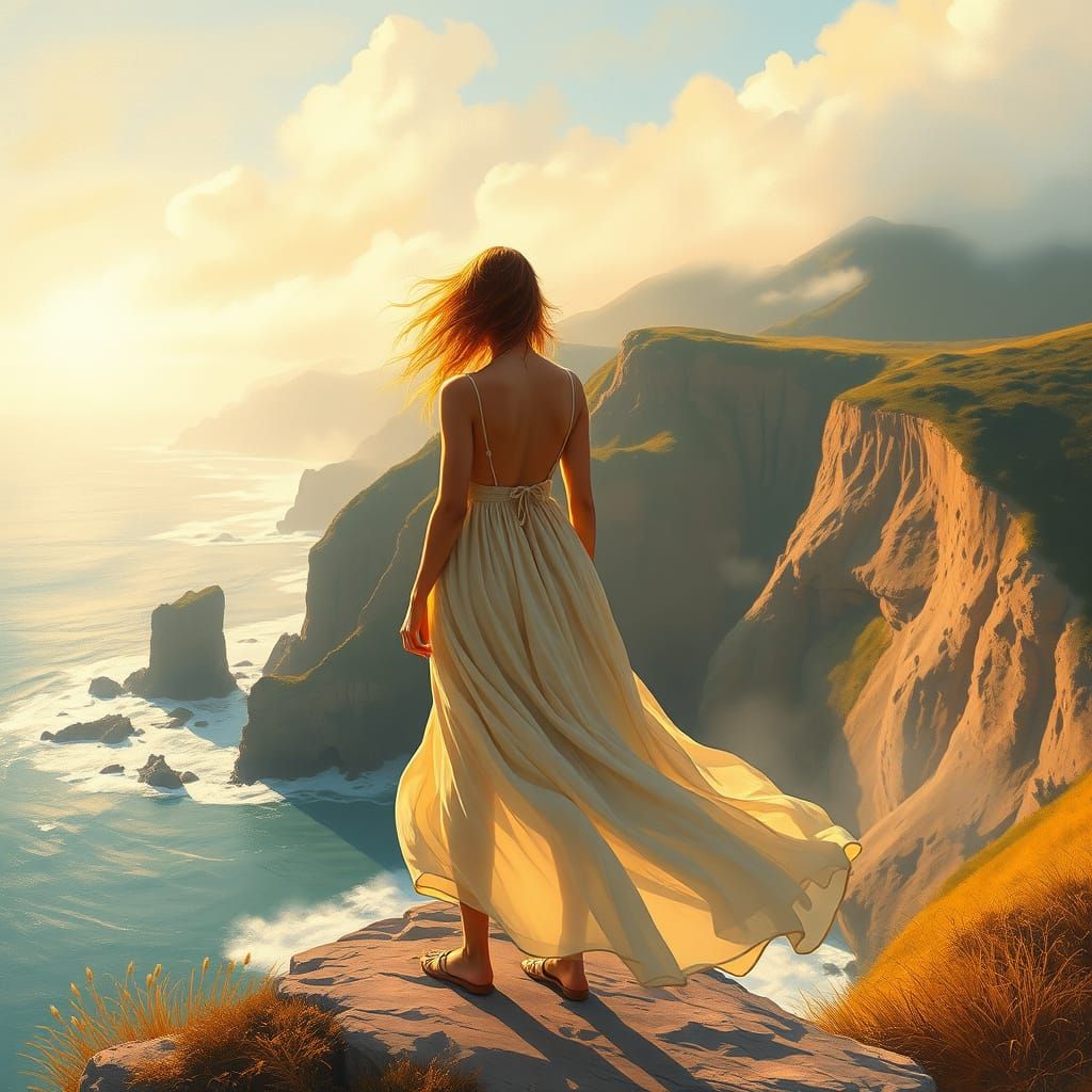 Woman on California Coast in Dreamy Landscape