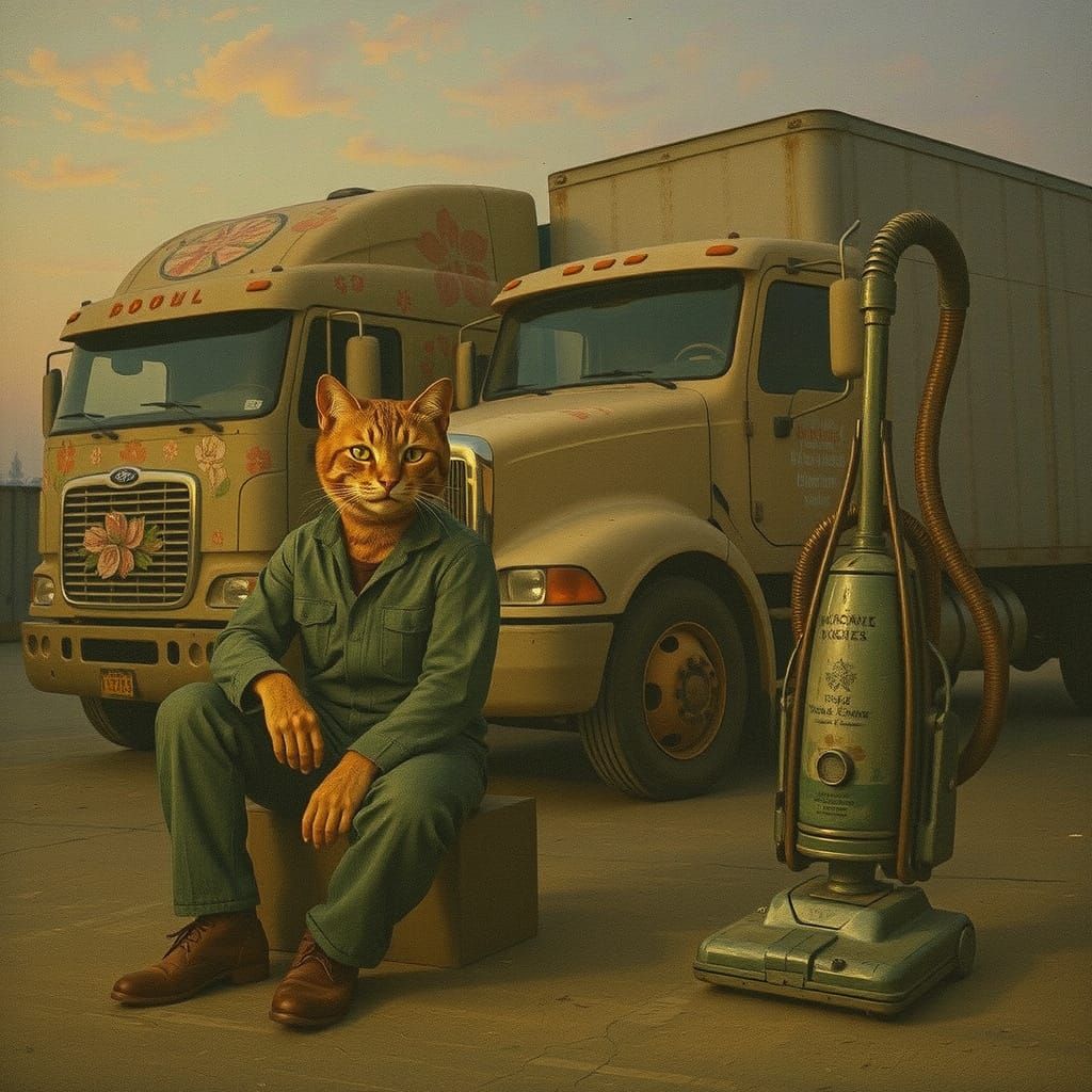 Fantasy Truckers: Cat and Vacuum in Pre-Raphaelite Style