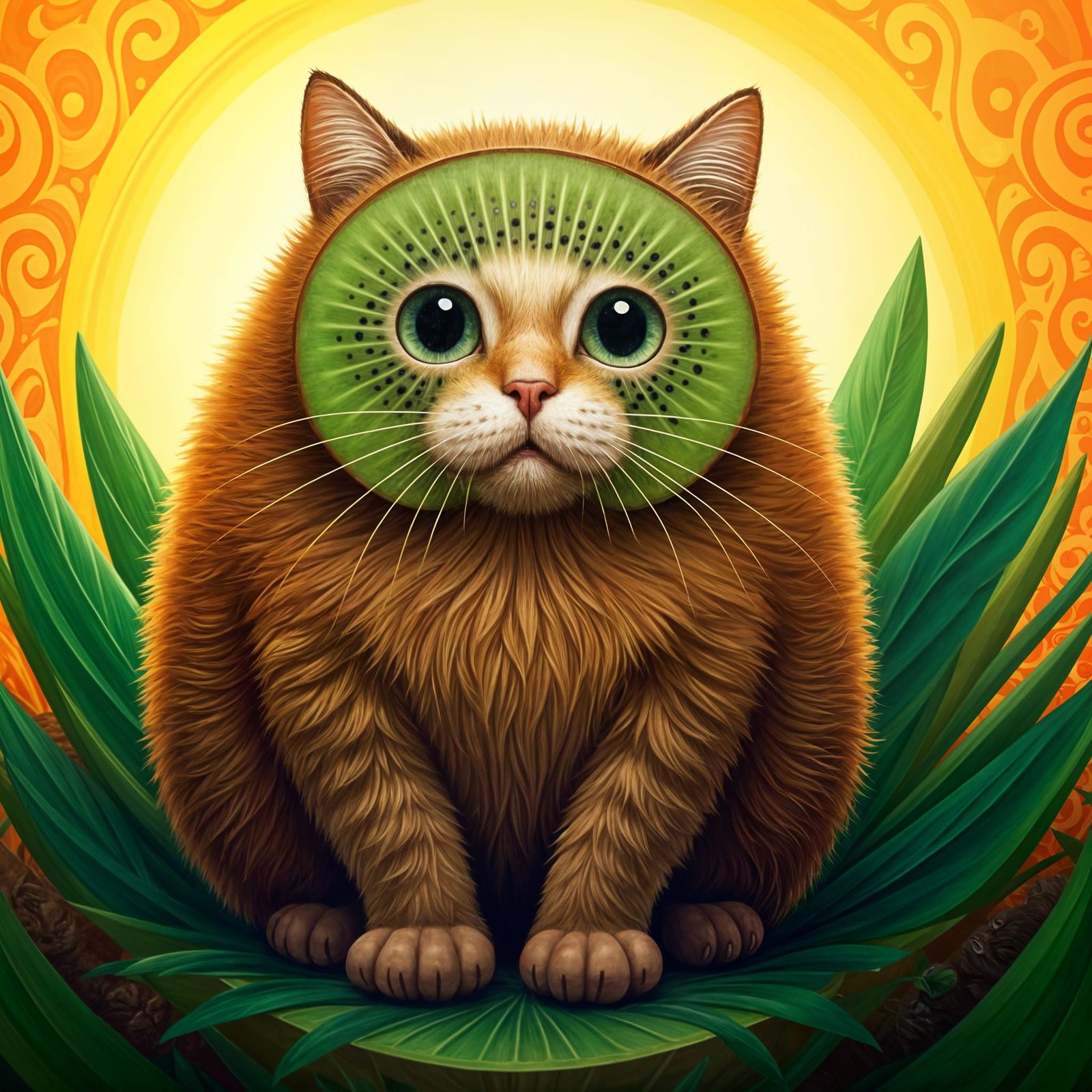 Adorable Kiwi Cat Illustration in Surreal Folk Art Style
