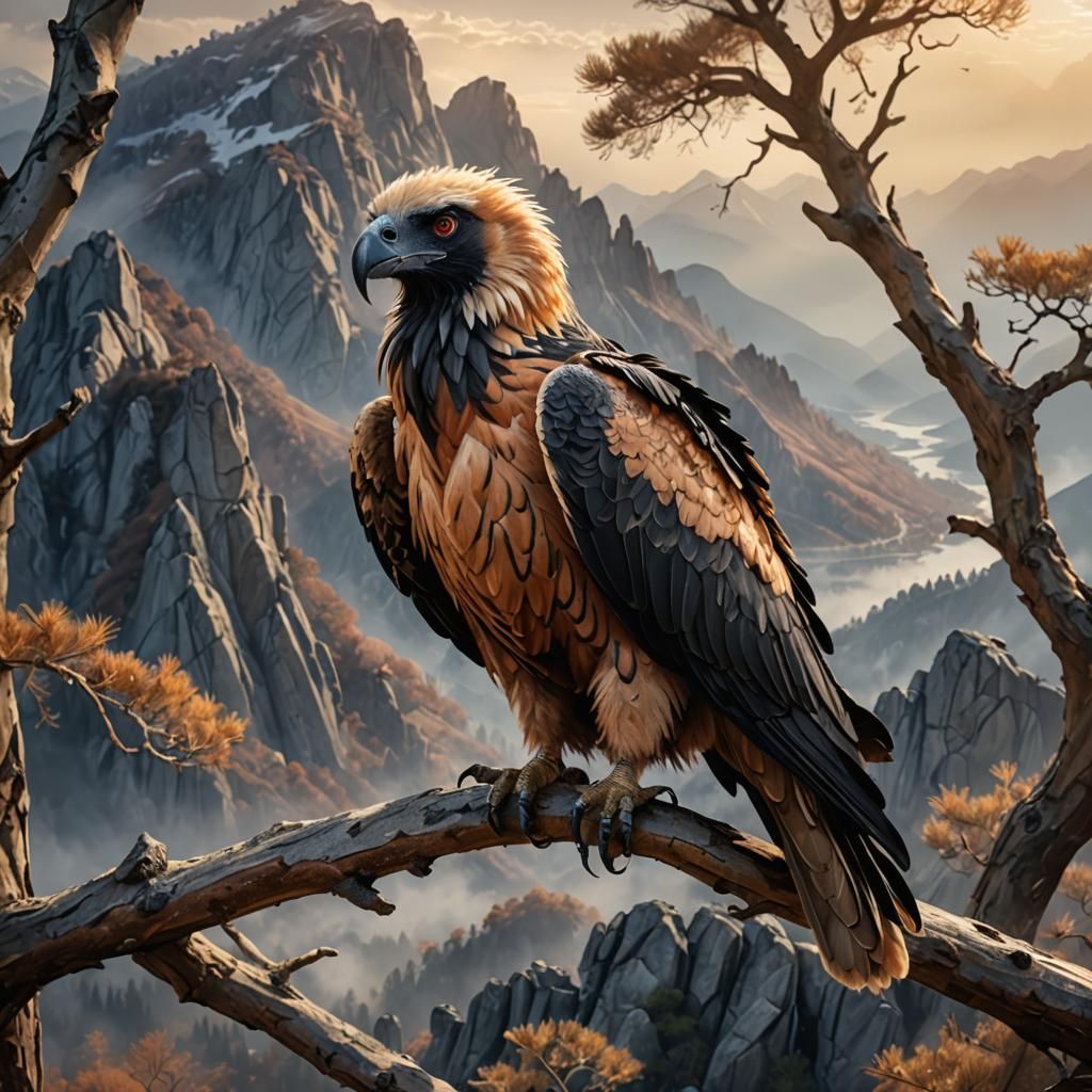 Hyperrealistic Bearded Vulture on Misty Mountain Branch