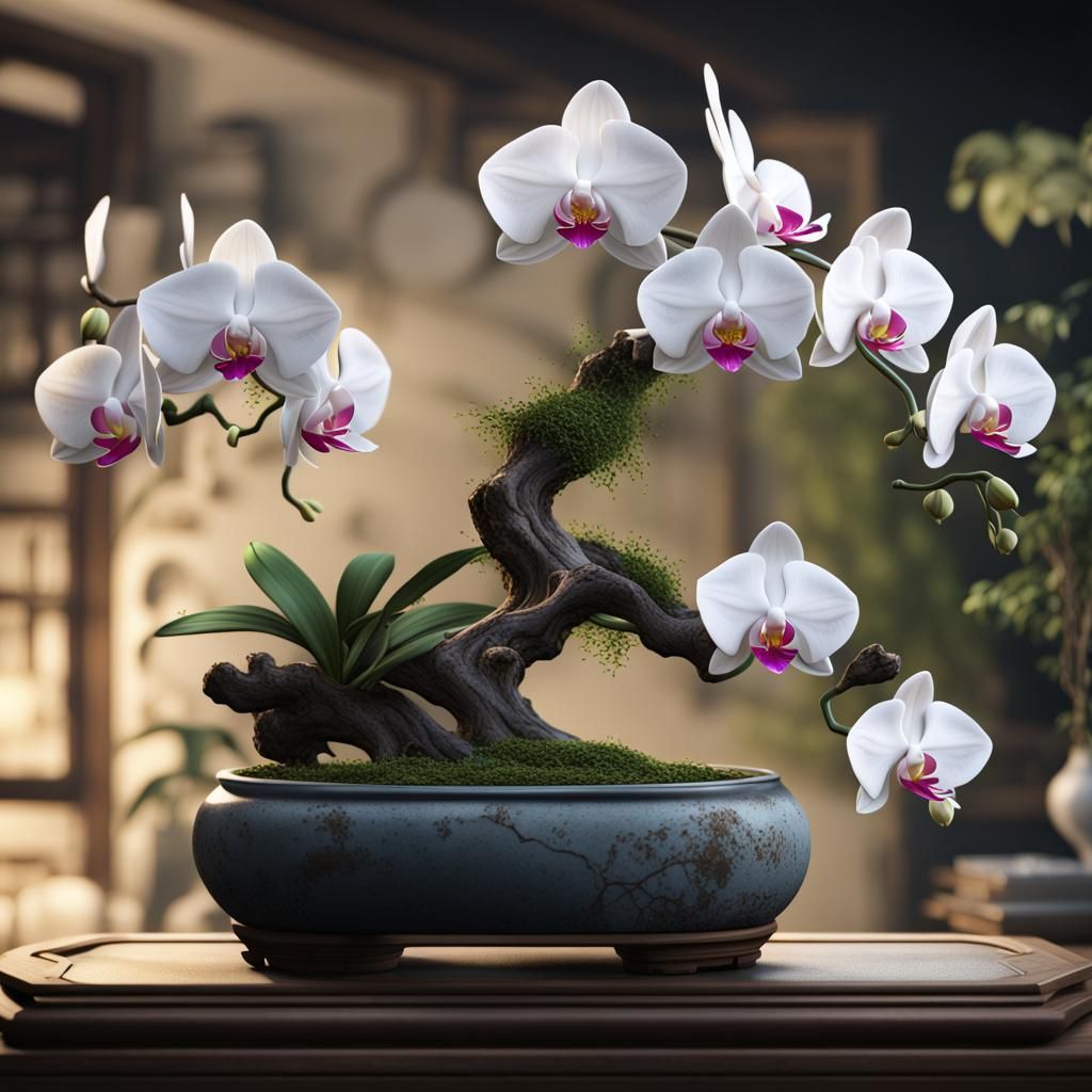 Detailed White Orchid Bonsai Tree Matte Painting