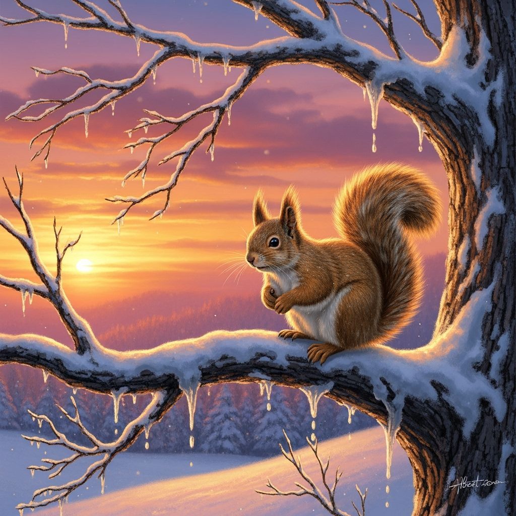 Squirrel Watching Sunset Over Snowy Winter Landscape