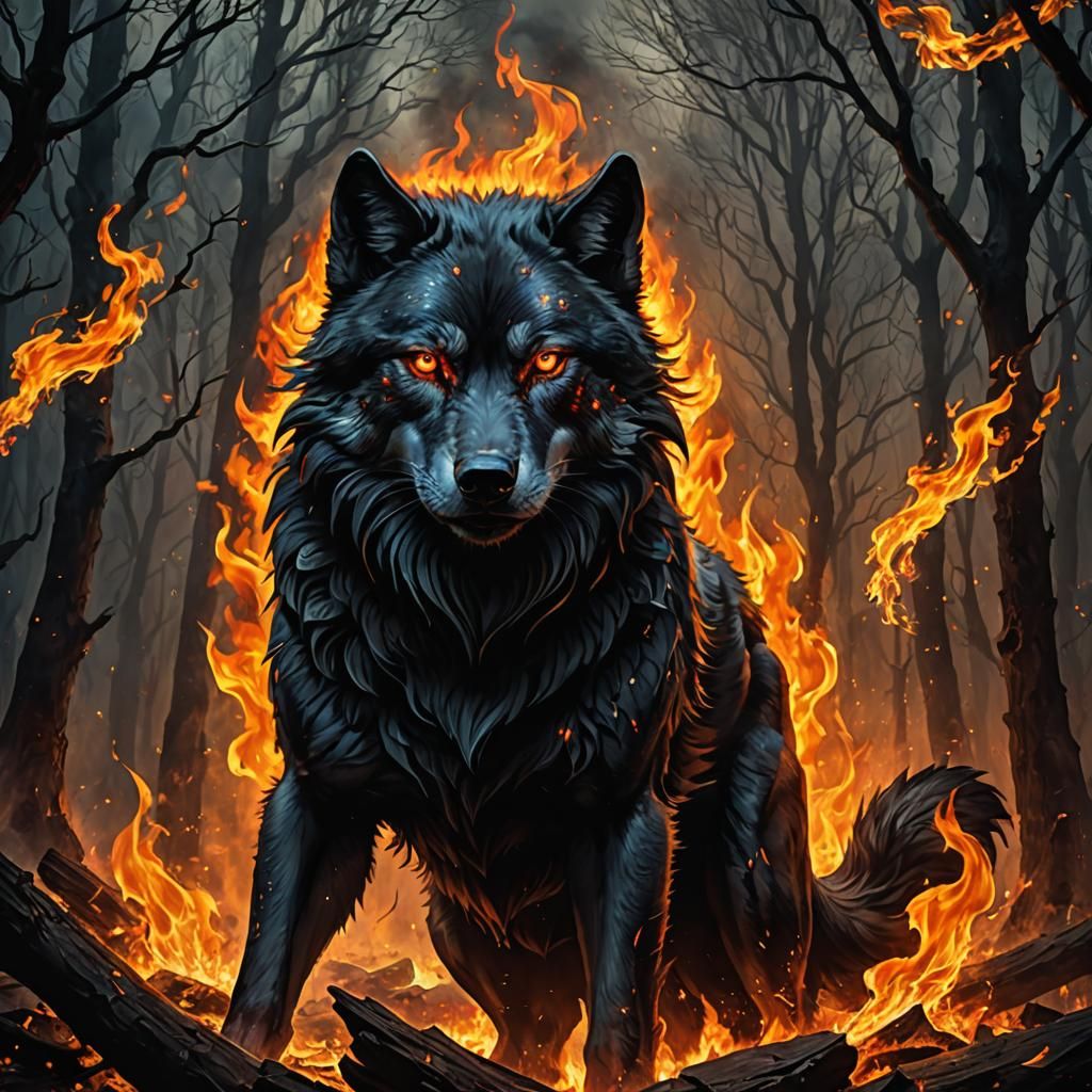 Dark Fantasy Fire Wolf with Burning Eyes