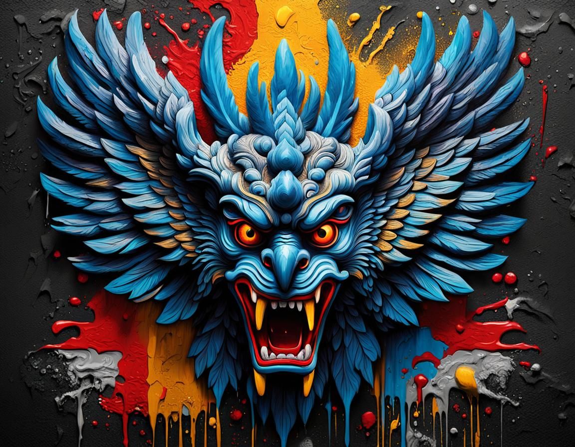 Polychromatic Indonesian Garuda Graffiti Impasto Art