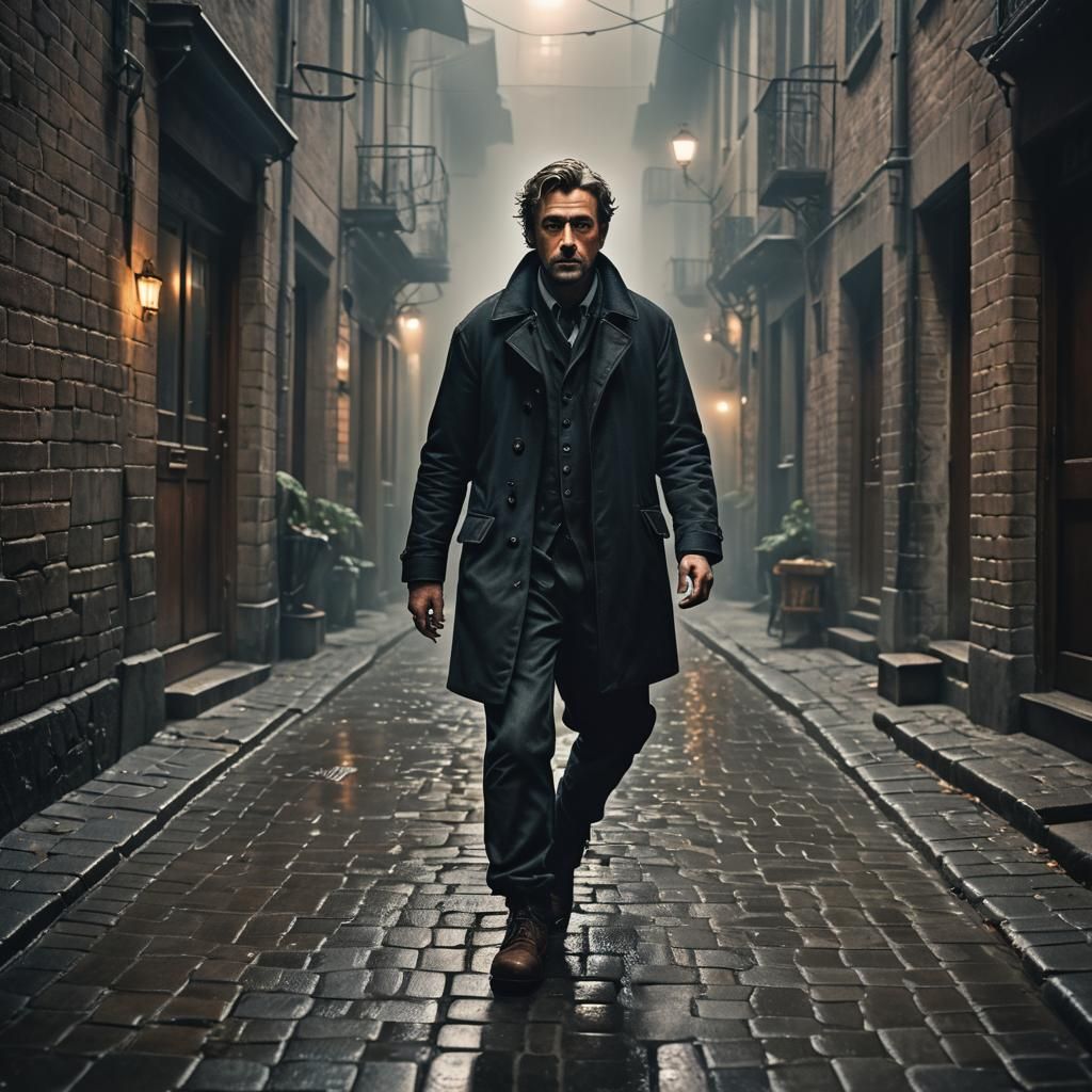 Moody Portrait in Misty Alleyway, Cinematic Lighting