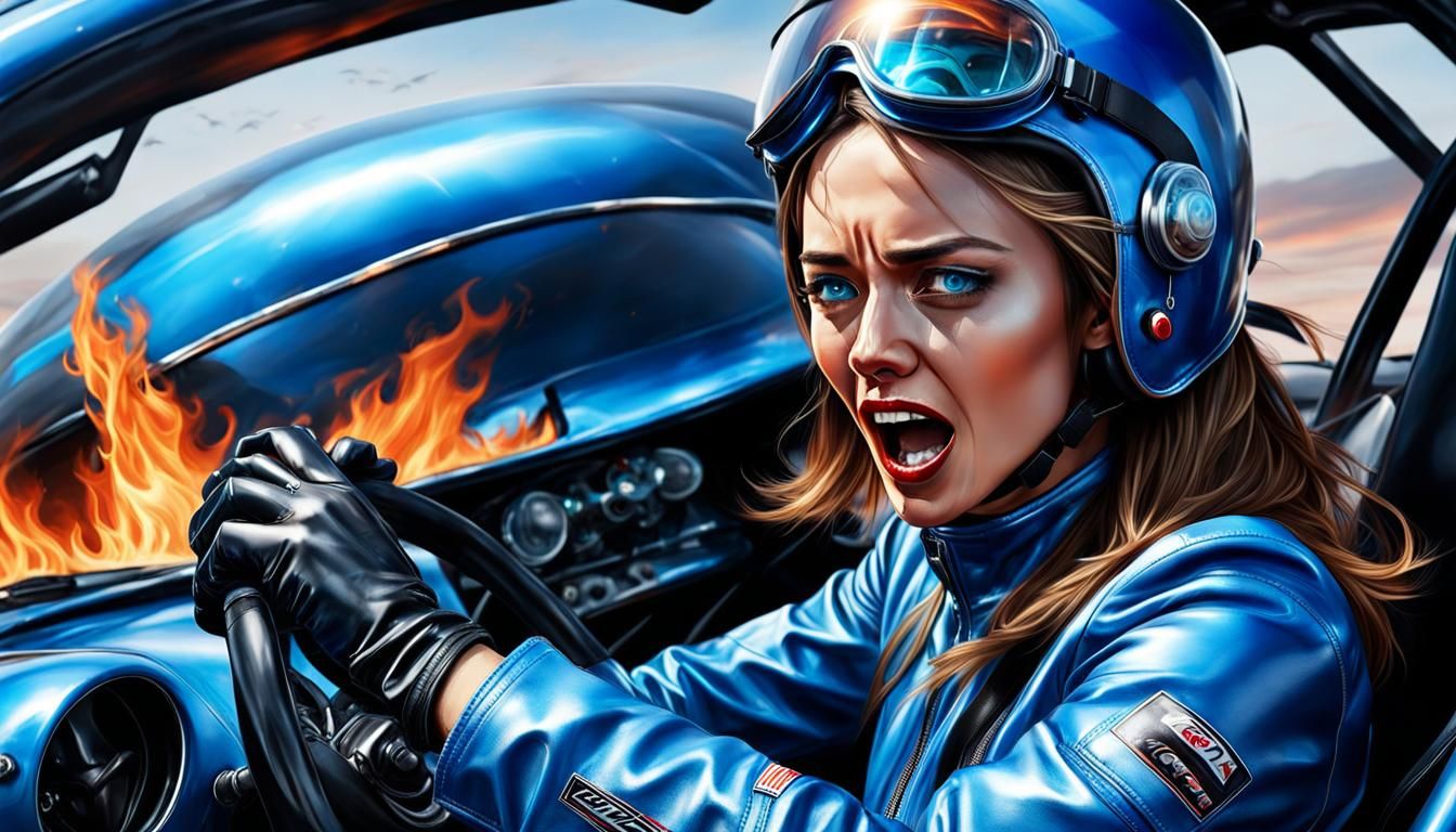 Frightened Racer in Burning Car: Hyperrealistic Art