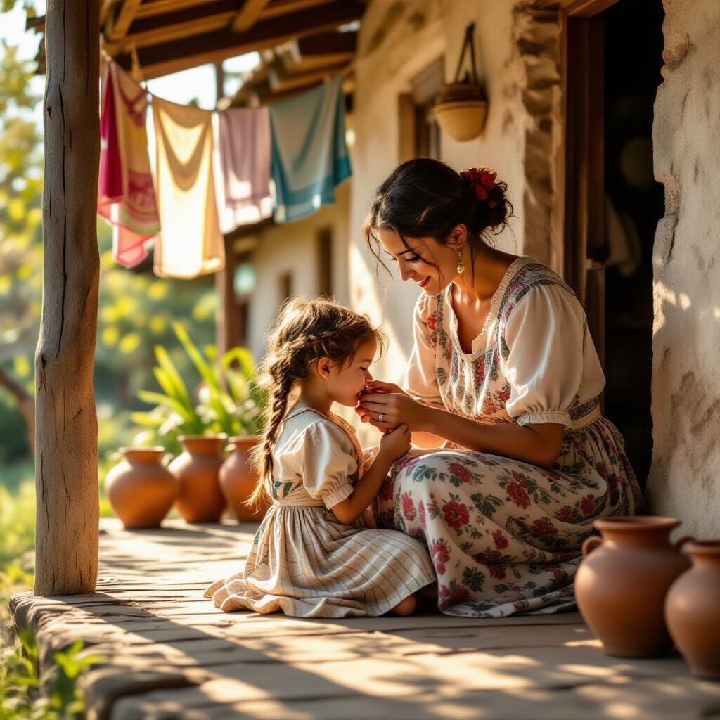 Mother Braiding Daughter's Hair on Village Porch