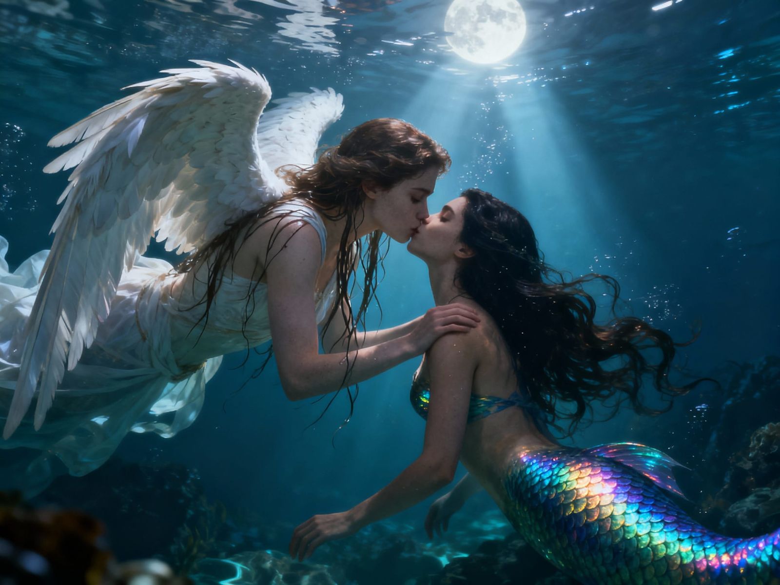 Angel and Mermaid's Underwater Kiss in Moonlight