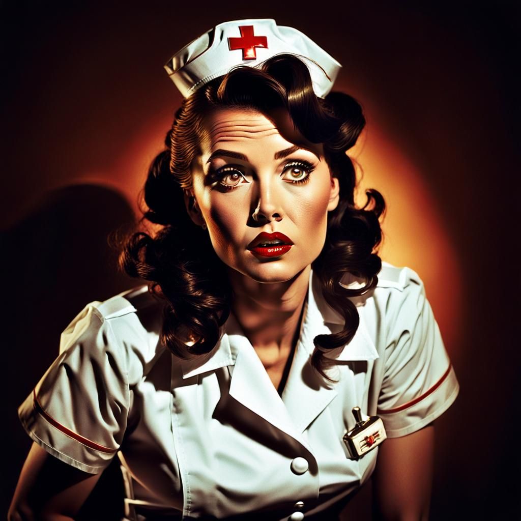 Seductive Nurse in Pin-Up Style with Golden Light