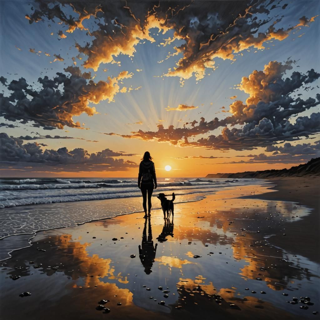 Girl and Dog Enjoying Sunrise on Beach