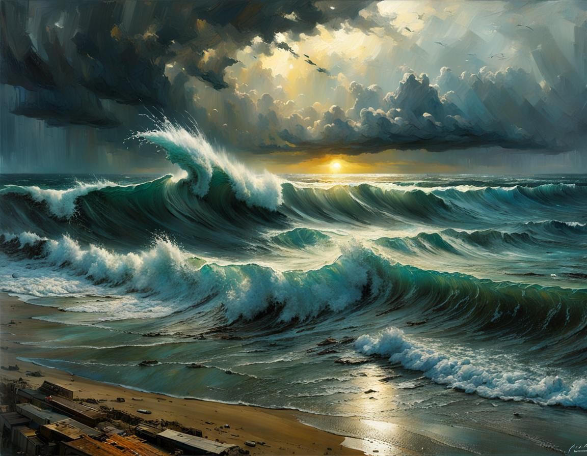 Sci-Fi Stormy Sky and Ocean Wave Matte Painting