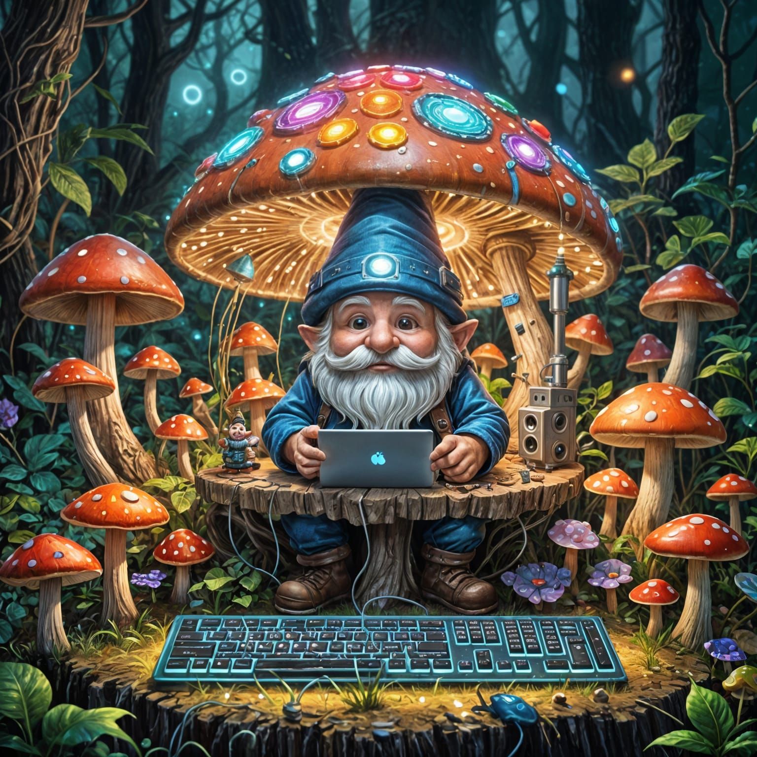 Gnome Assembling Computer Inside Mushroom, Renaissance Style