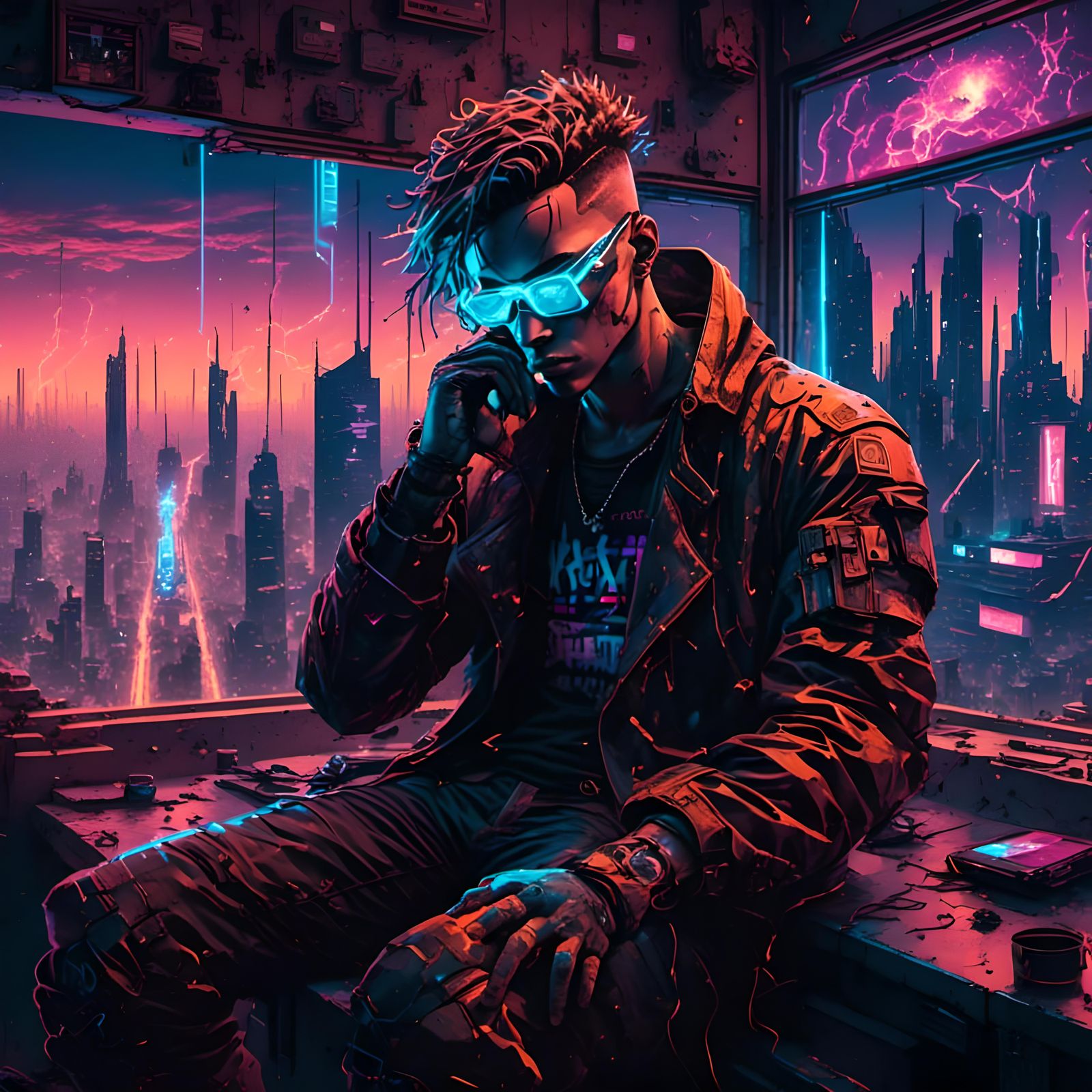 Cyberpunk Male in Dystopian Cityscape with Glitch Effects