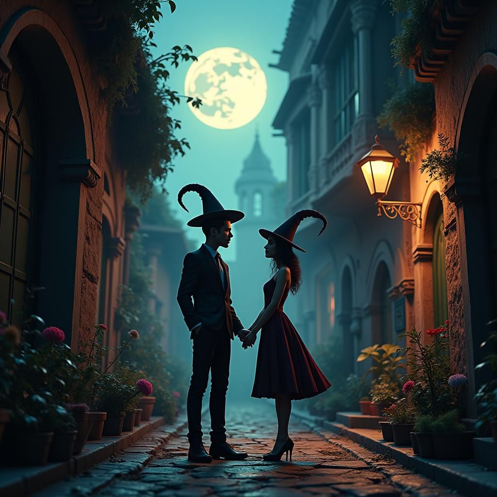 Moonlit Duet: Gothic Alley in Digital Art Style
