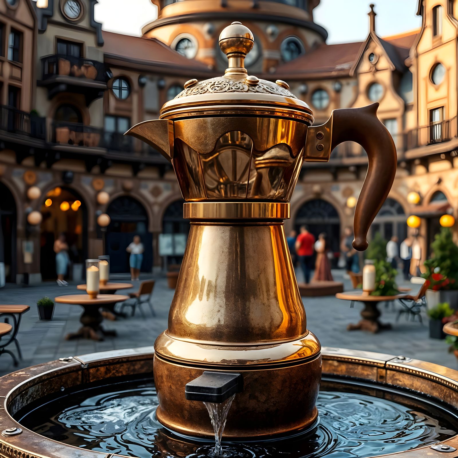 Golden Steampunk Moka Fountain in a Bustling Retrofuturistic...