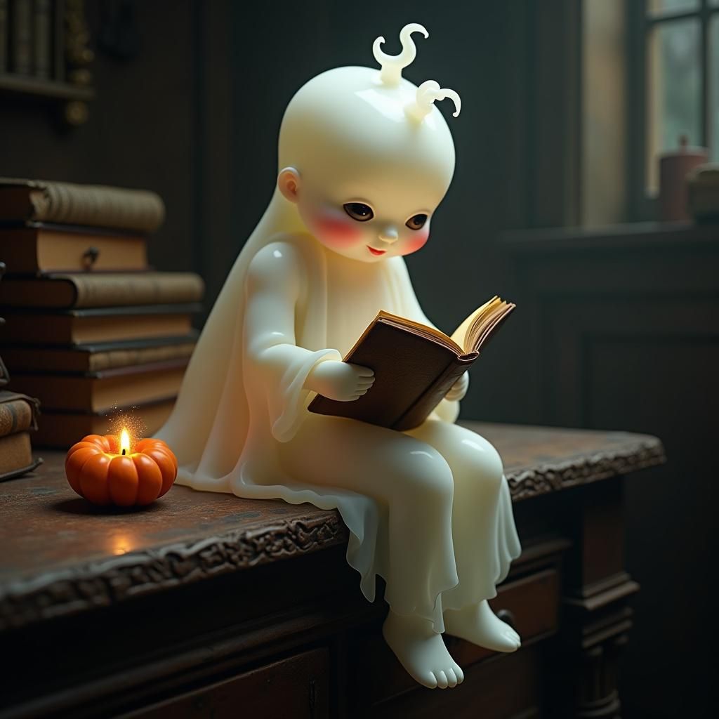 Adorable Ghost Reading by Candlelight