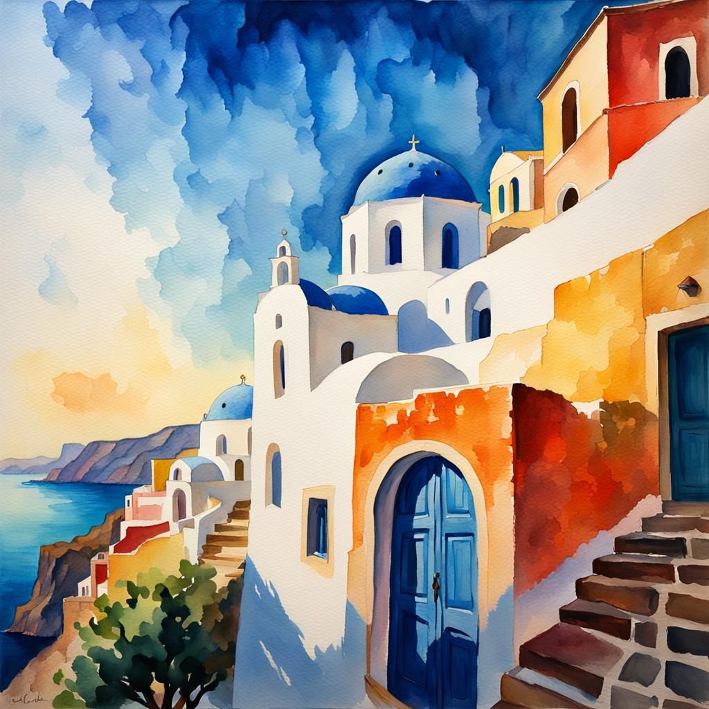 Santorini Ethereal Watercolor Gouache Impressionist Painting