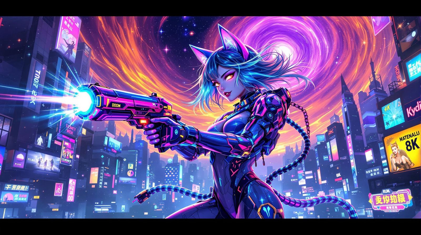 Anime Space Cat Girl Doom Guy Blasts Cosmic Blaster in Neon...