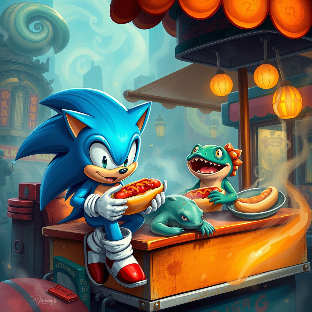 Sonic and Axolotl Enjoying Chili Dogs, Fantasy Art