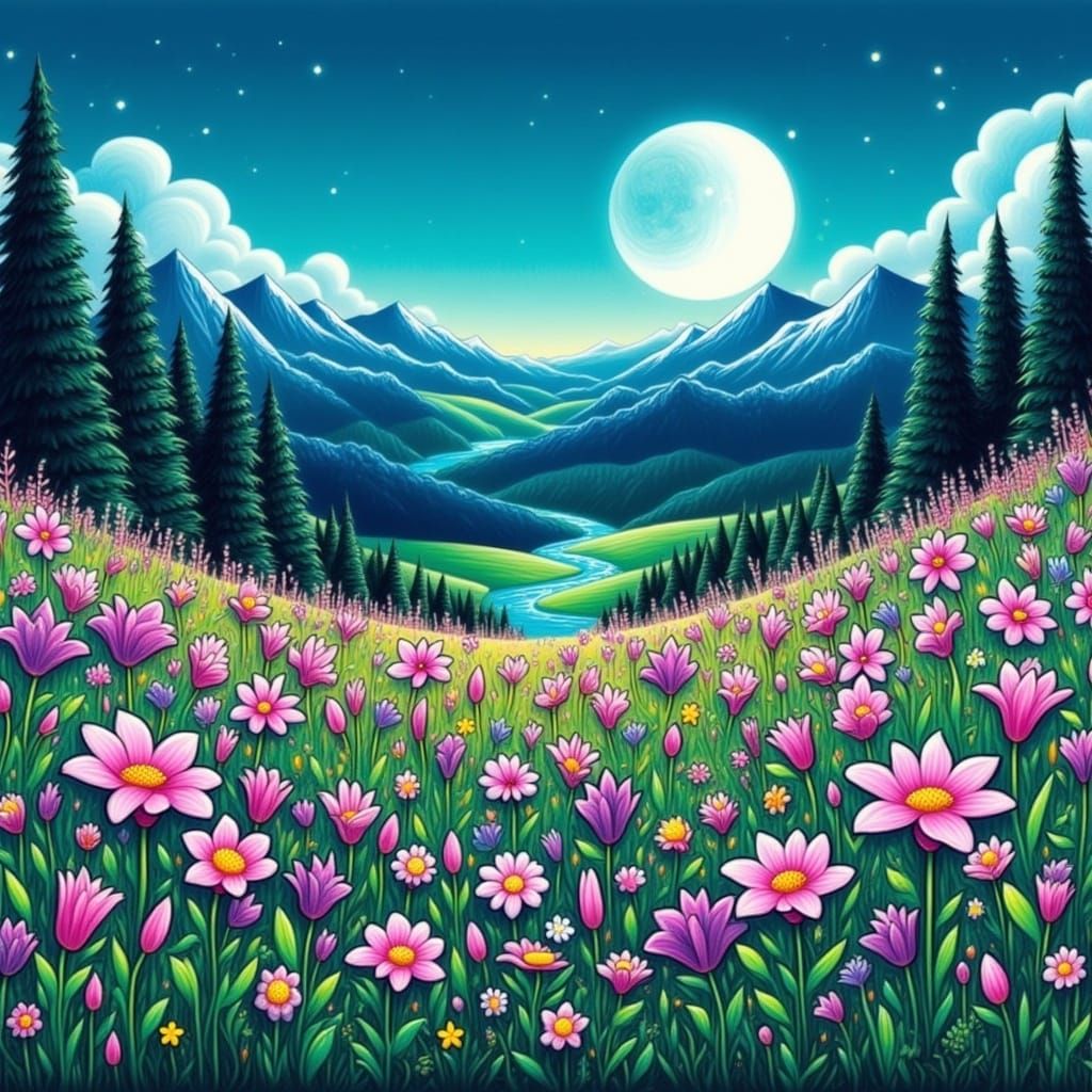 Teal Valley with Lilies Under Blue Moon