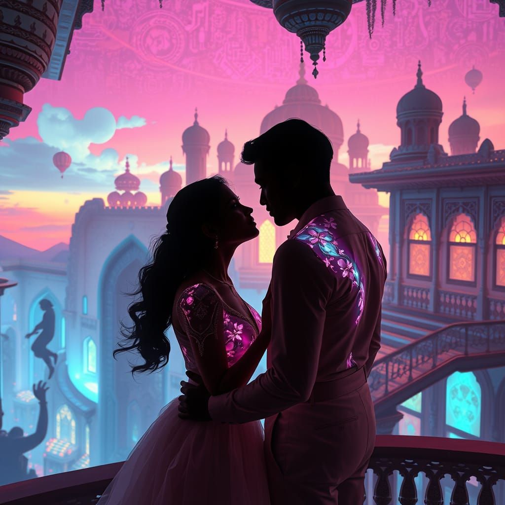 Bioluminescent Lovers in Floating Cyberpunk Palace