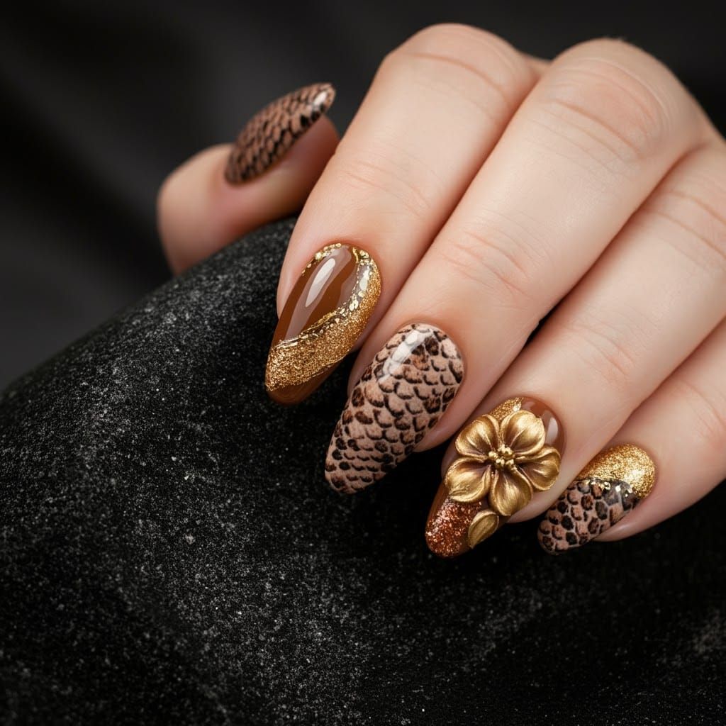 Vibrant Snake Skin Nail Art with Gold and Flowers