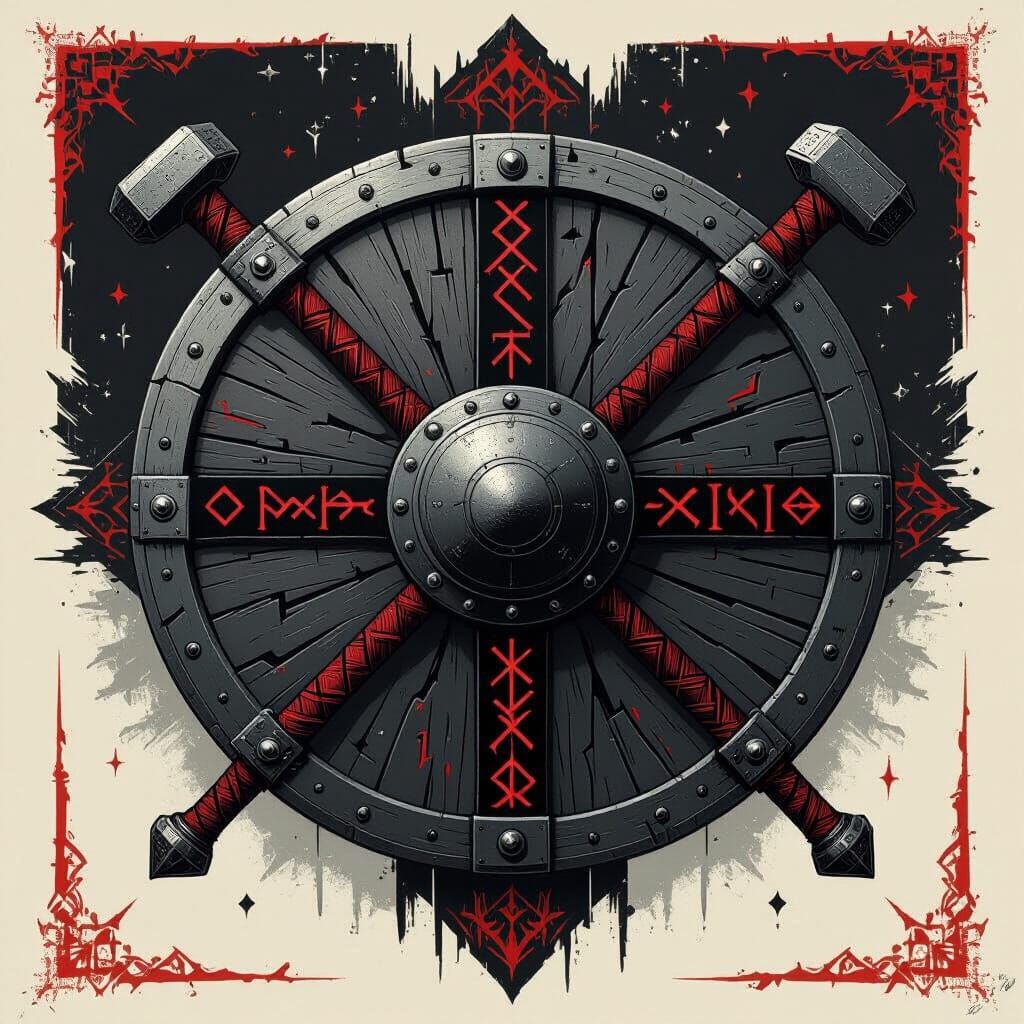 Viking Shield Logo with Runes and Thor's Hammer