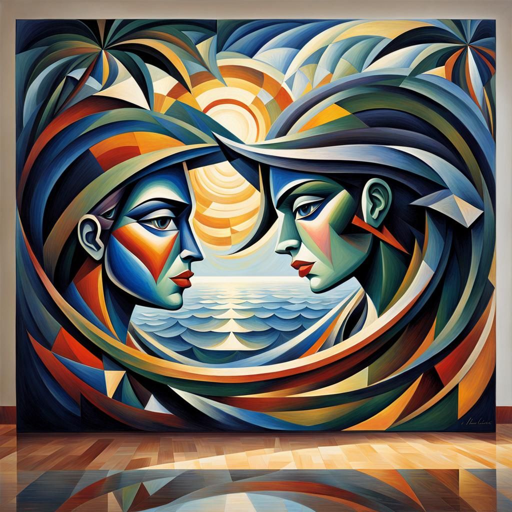 Abstract Cubist Souls Entwined in Geometric Embrace