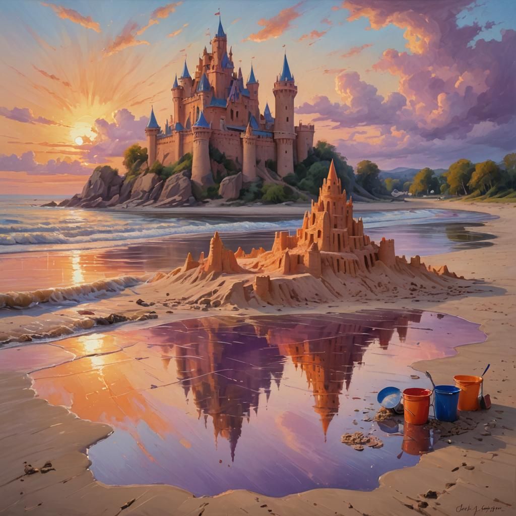 Majestic Sand Castle Beside Raging River: Impressionist Oil ...