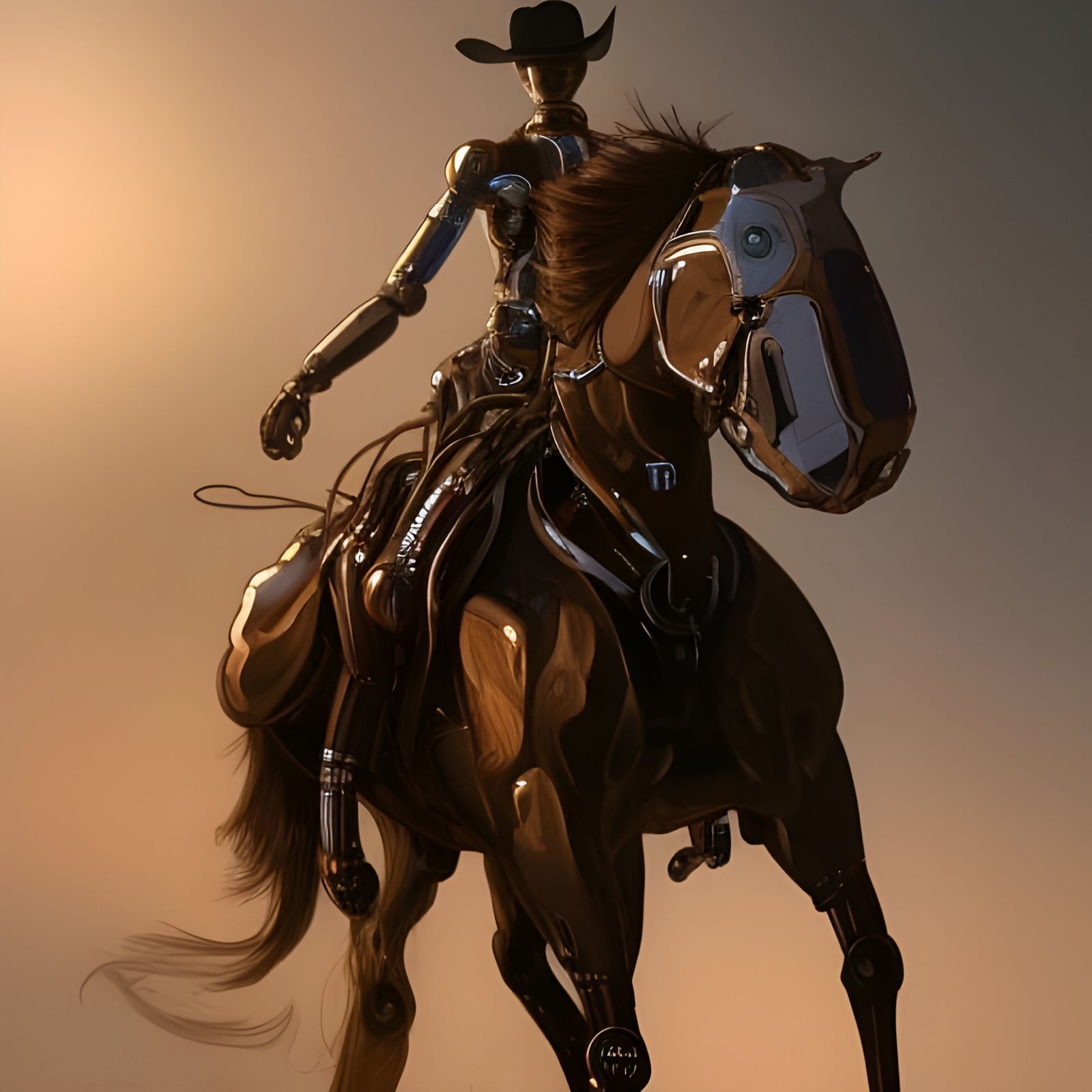 Robot Cowboy Rides a Metallic Horse: Hyperrealistic Portrait