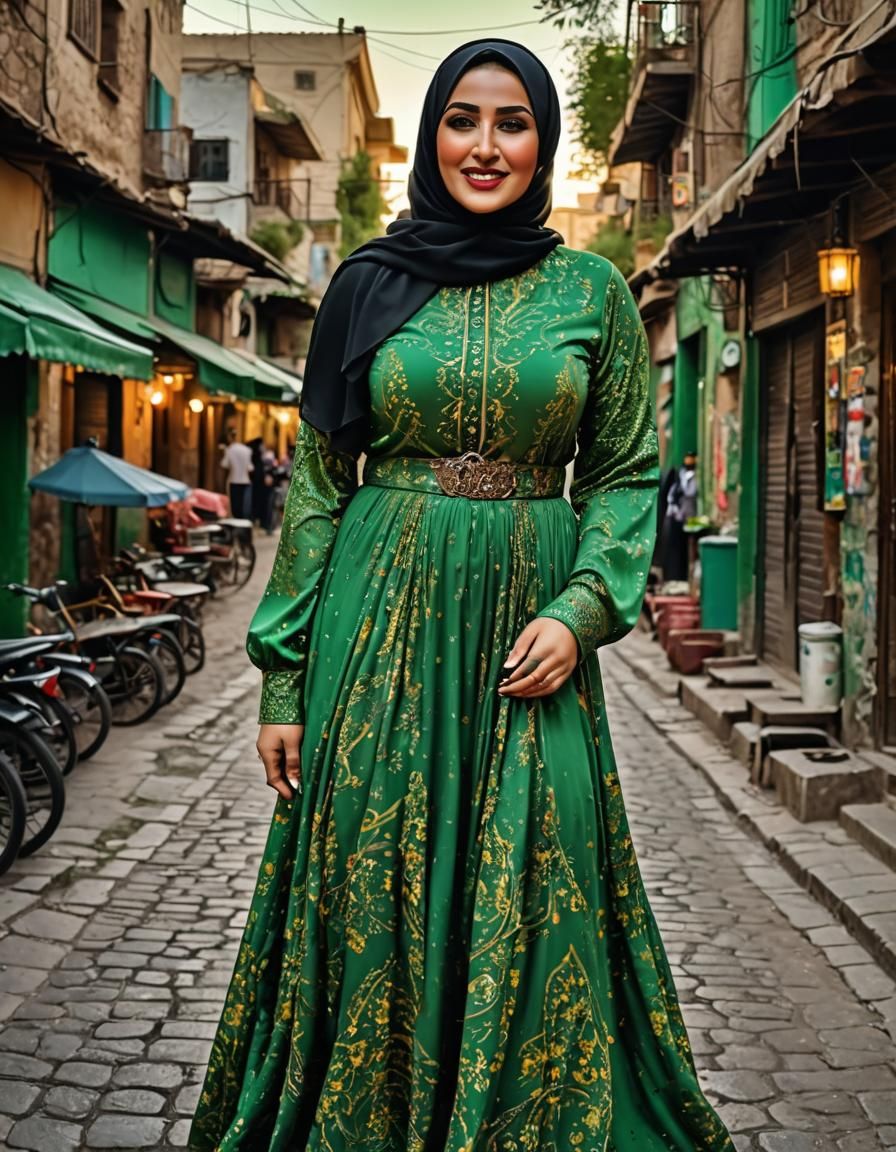 Charming Hijabi Woman in Green Dress, Pop Art Style