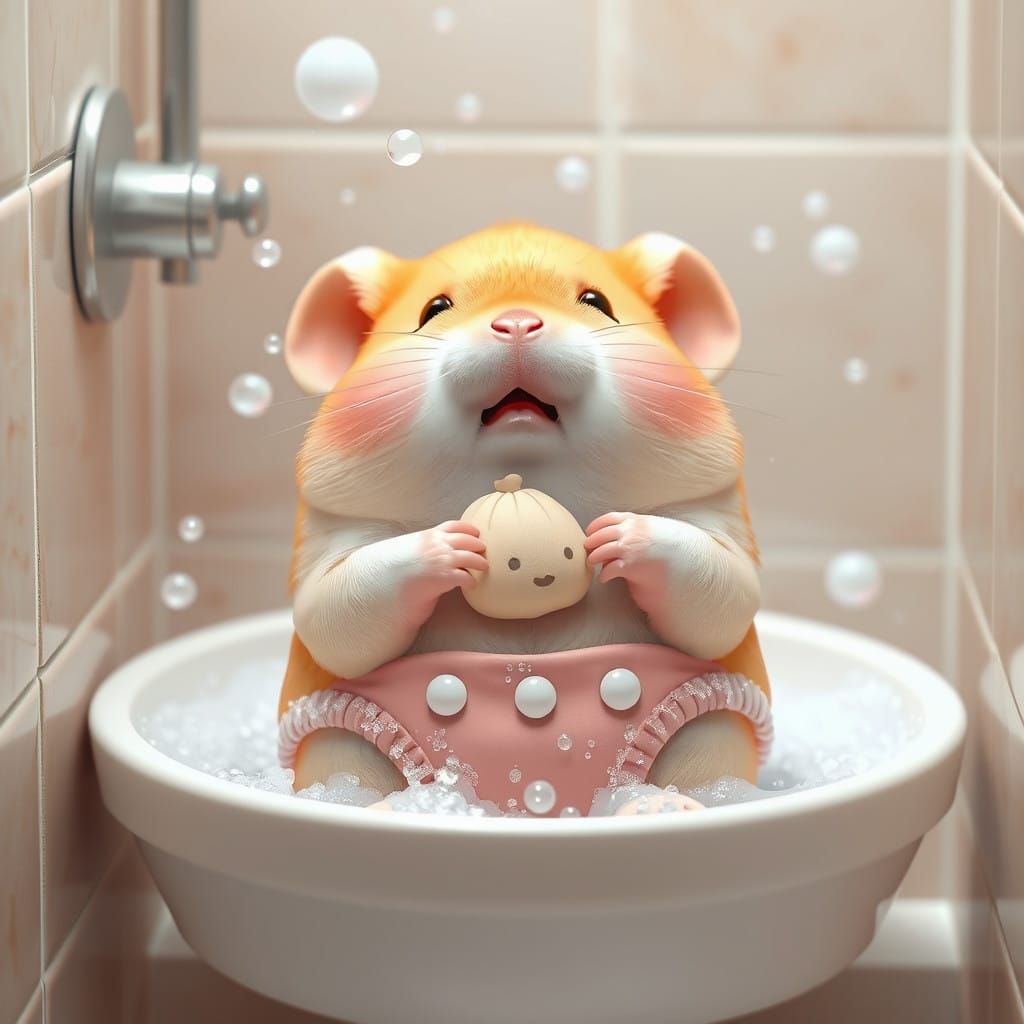Chubby Hamster Sits in Pastel Pink Shower with Water Droplet...