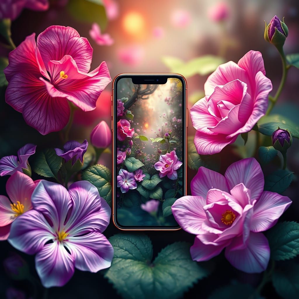 Ethereal Smartphone Amidst Vibrant Floral Wonders in Cyberpu...